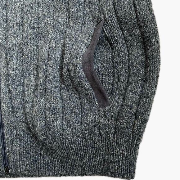 VTG Wool Chunky Knit Zip Cardigan Sweater Elbow Patches L Gray Fisherman Grandpa - Picture 5 of 9